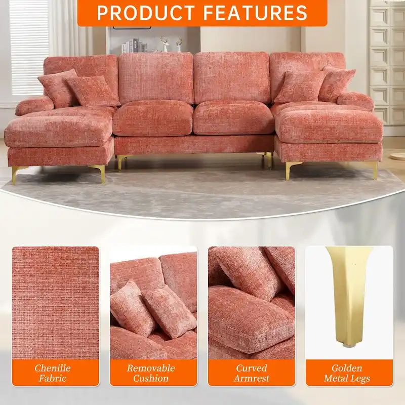 HOMEFUN Chenille Upholstered U-Shaped Living Room Sectional Sofa