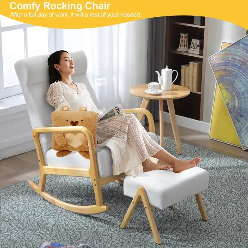 EROMMY 25.2 Wide Reclining Rocker Chair with Ottoman - High Back Rocking Chair, Soft Linen Fabric, Ergonomic Design