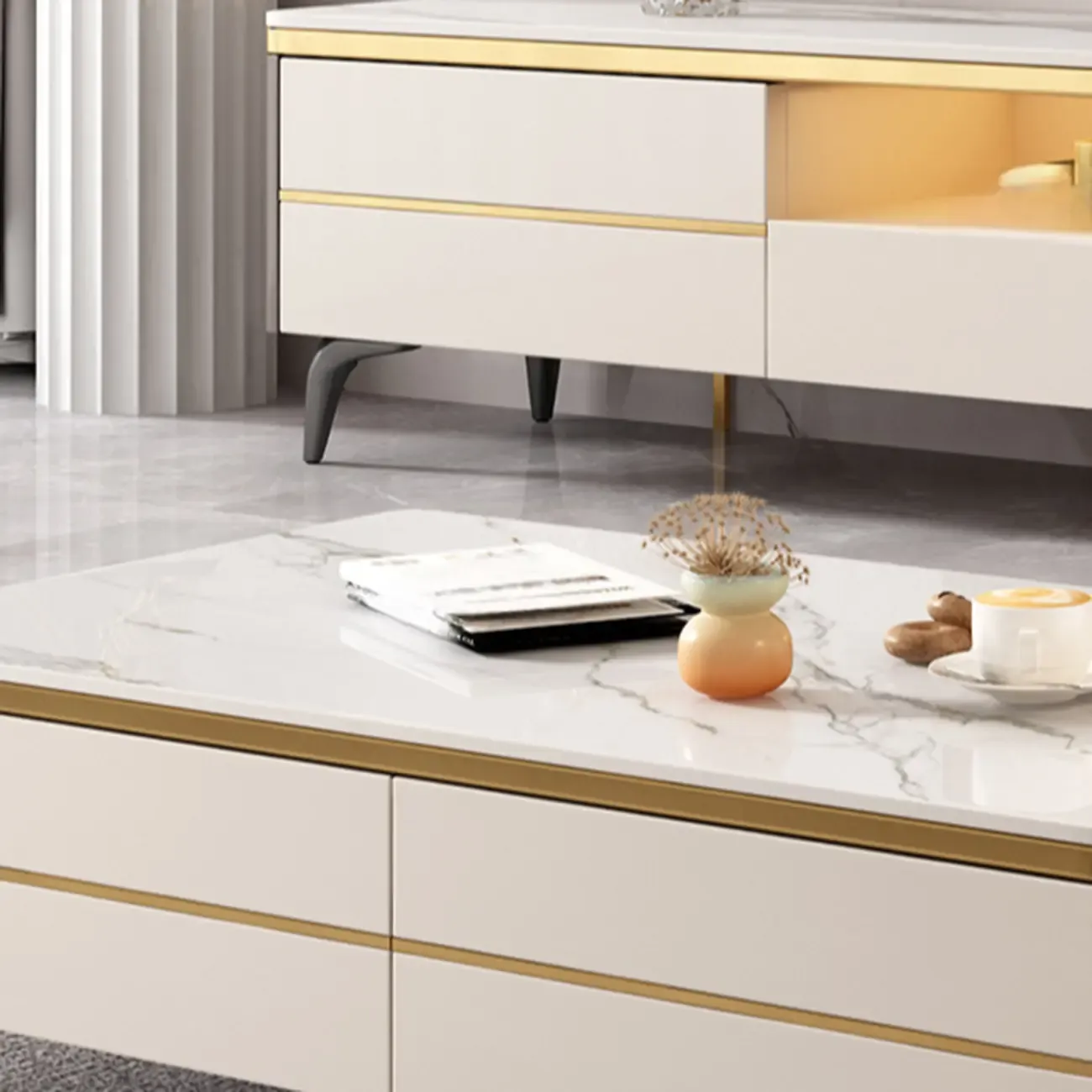 Versatile White Stone TV Stand with Multi Drawers & Lighting