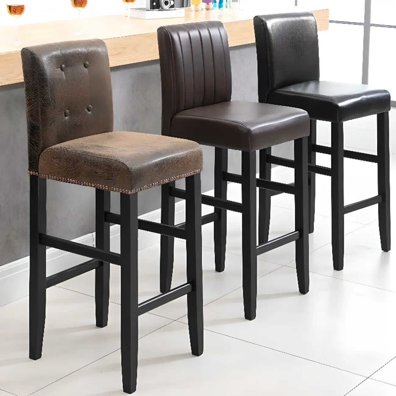 Traditional Wood Leather Upholstered Bar Height Stool