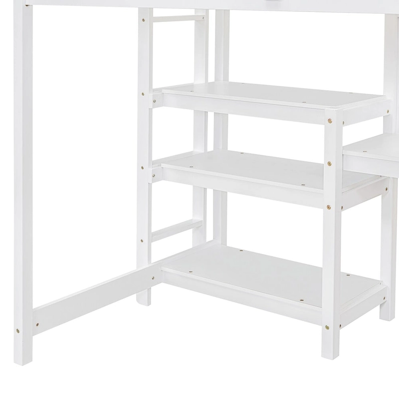 White Twin Wood Loft Bed with Shelves, Desk, Writing Board, Guardrail