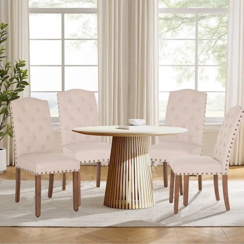 Set of 4 Upholstered Faux Leather/Fabric Dining Room Chairs with High Back and Solid Wood Legs