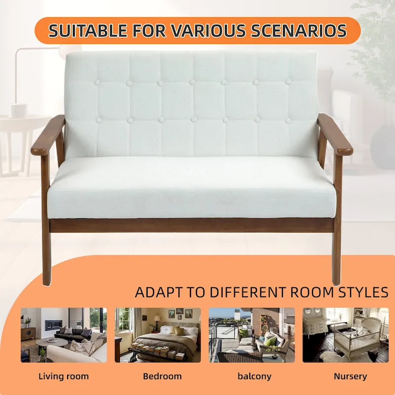 Mid-Century Linen/PU Upholstered Wood Frame Tufted Loveseat Sofa