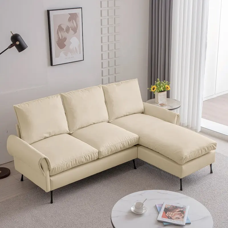 Contemporary Technical Leather L-Shaped Sofa Couch, Reversible Chaise Lounge, Beige