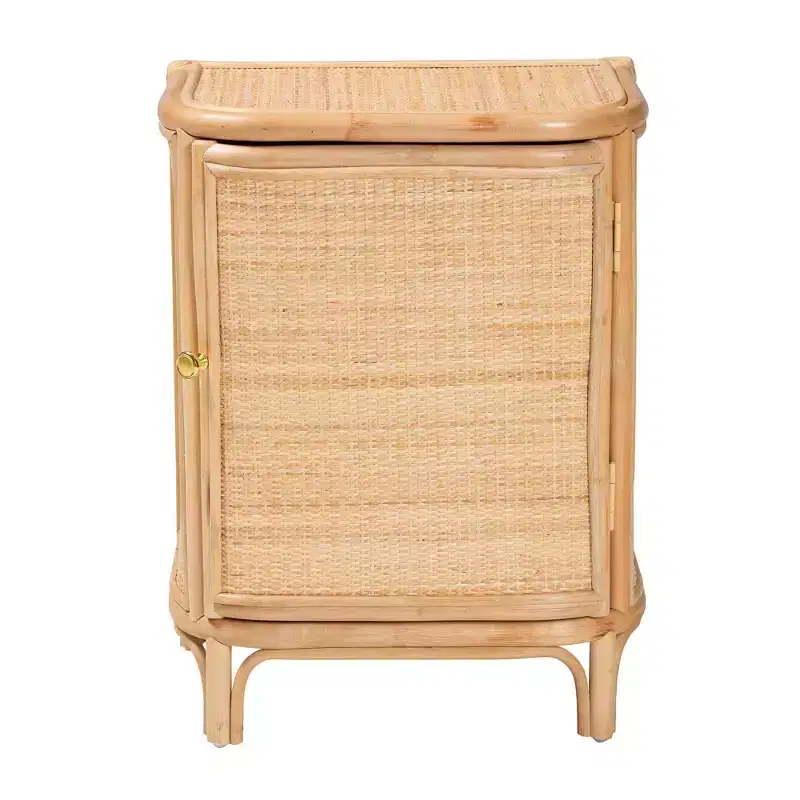 Natural Rattan Nightstand, Brown, Single Door with 2 Shelves