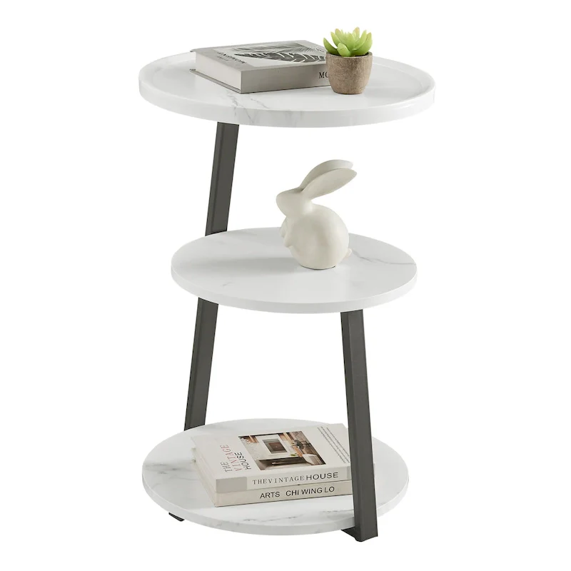 Skylar Round 3-Tier Side Accent Table with Raised Lip Edge Tabletop and Midcentury Modern Metal Asymmetric Pedestal Legs
