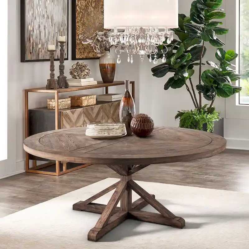 Krakova Rustic X-Base Round Pine Wood Dining Table