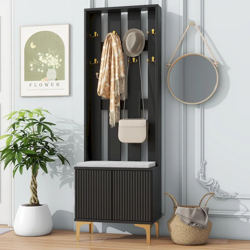 4-in-1 Hall Tree with Cushion, Coat Rack with 8 Gold Hooks and Legs, Entryway Bench with Adjustable Shelves & Fluted Doors