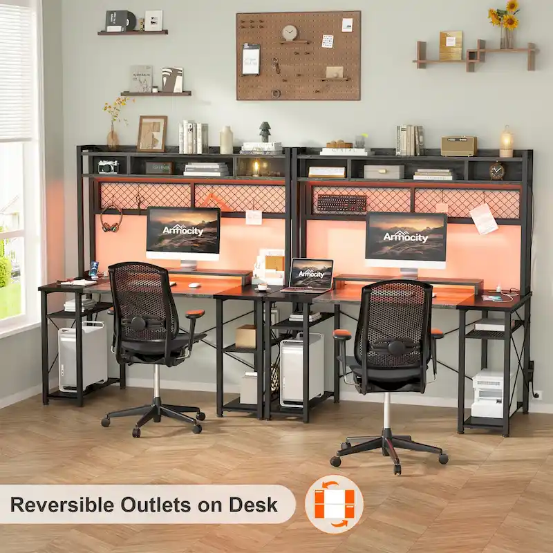 Gaming Deck with Charge Station and LED Light, Computer Table with Hutch and Shelves