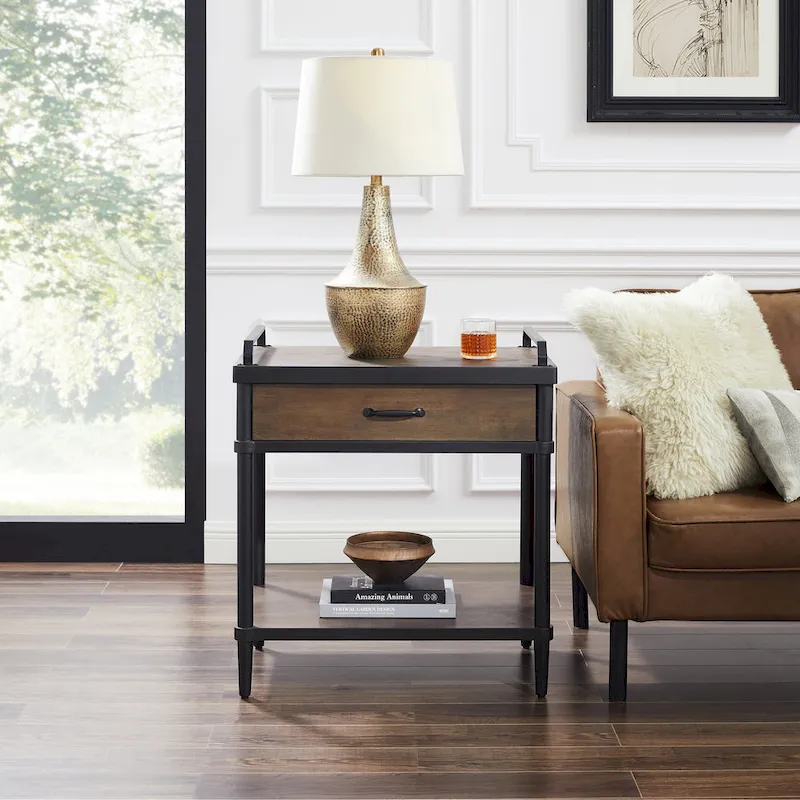 Mid-Century Side Table - Wood & Metal, 1 Drawer + Shelf, Minimalist Design, 35 lbs Capacity