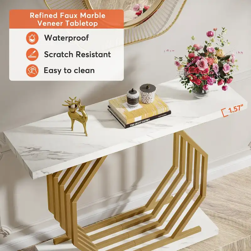 39.37  Gold Console Table, Modern White Marble Sofa Table with Geometric Metal Base