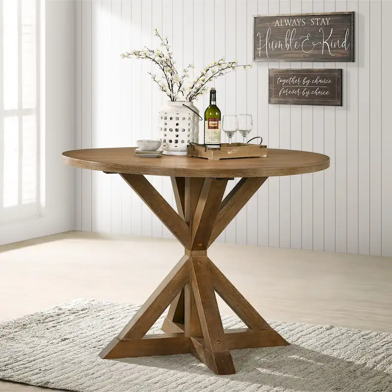 Wooden Round Dining Table and Chair Sets Rustic Farmhouse Dining Table and Chair Sets with Crossbuck Pedestal Table Base