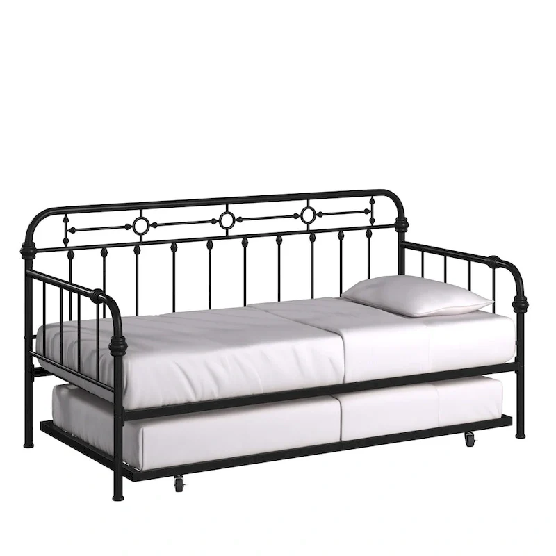 Antique Dark Bronze Metal Daybed with Trundle, Classic Style Twin Guest Bed