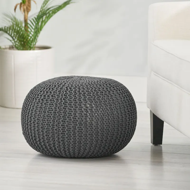 Round Knitted Cotton Pouf - Beige Cable Knit Ottoman