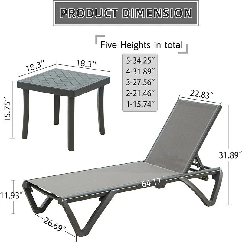 3Pcs Patio Aluminum Chaise Lounge with Side Table and 5 Adjustable Position