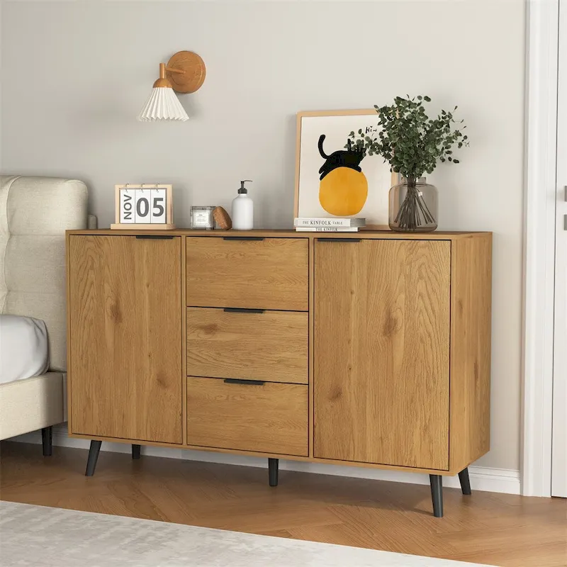 Natural Wood / Gray Sideboard Buffet Cabinet with 3 Drawers & 2 Doors