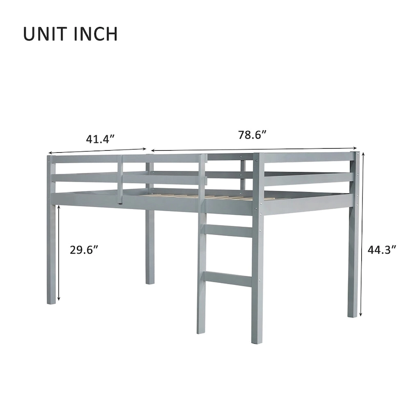 Grey Twin Rubber Wood Loft Bed with Strengthened Slats