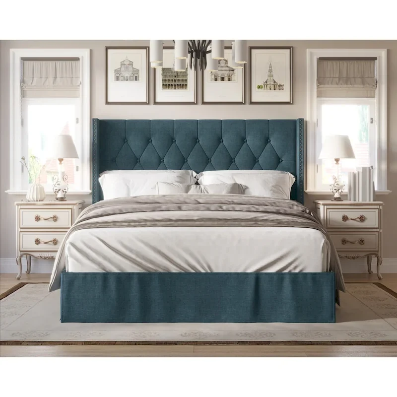 Tufted Upholstered Panel Bed, Wingback Headboard, Nailhead Trim, Seats 2, Grey/Black/Beige/Denim Blue, Twin/Full/Queen/King