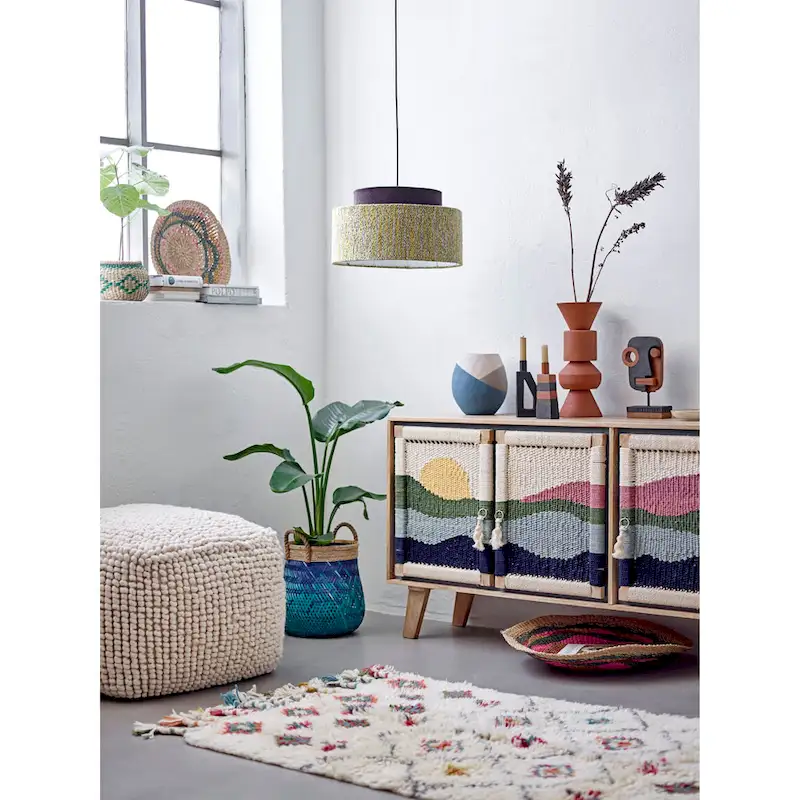 Cream/Grey/Teal Wool & Cotton Round Pouf Ottoman, 24