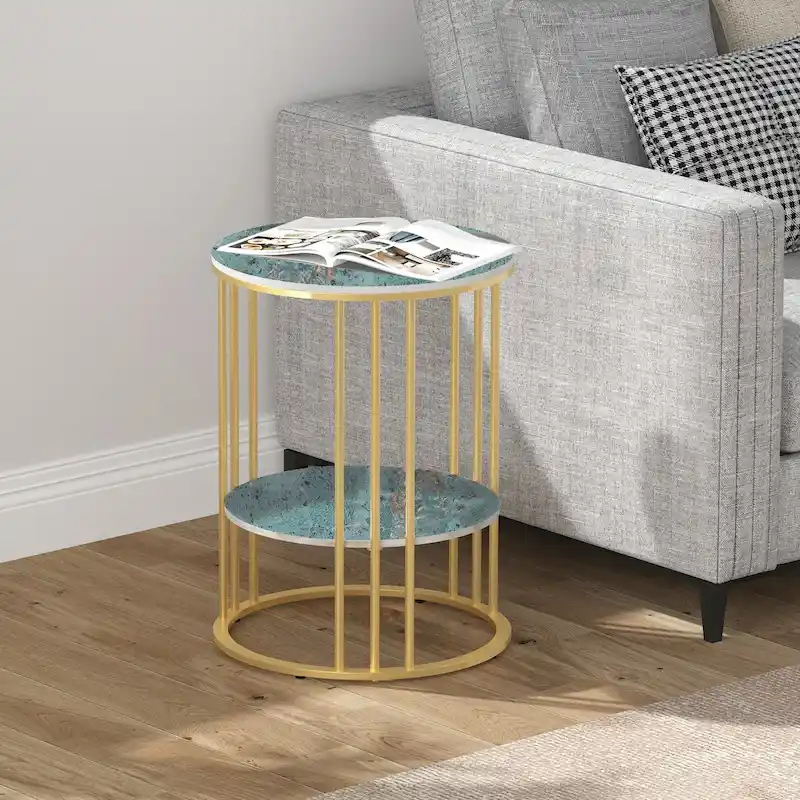 End Table 2-Tier Round Side Accent Table with Sintered Stone Tabletop - 15.7x15.7x21.3 inch