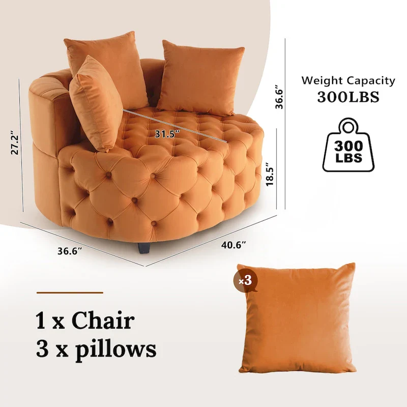 Velvet Modern Leisure Big Classical Barrel Chair with 2 Pillows