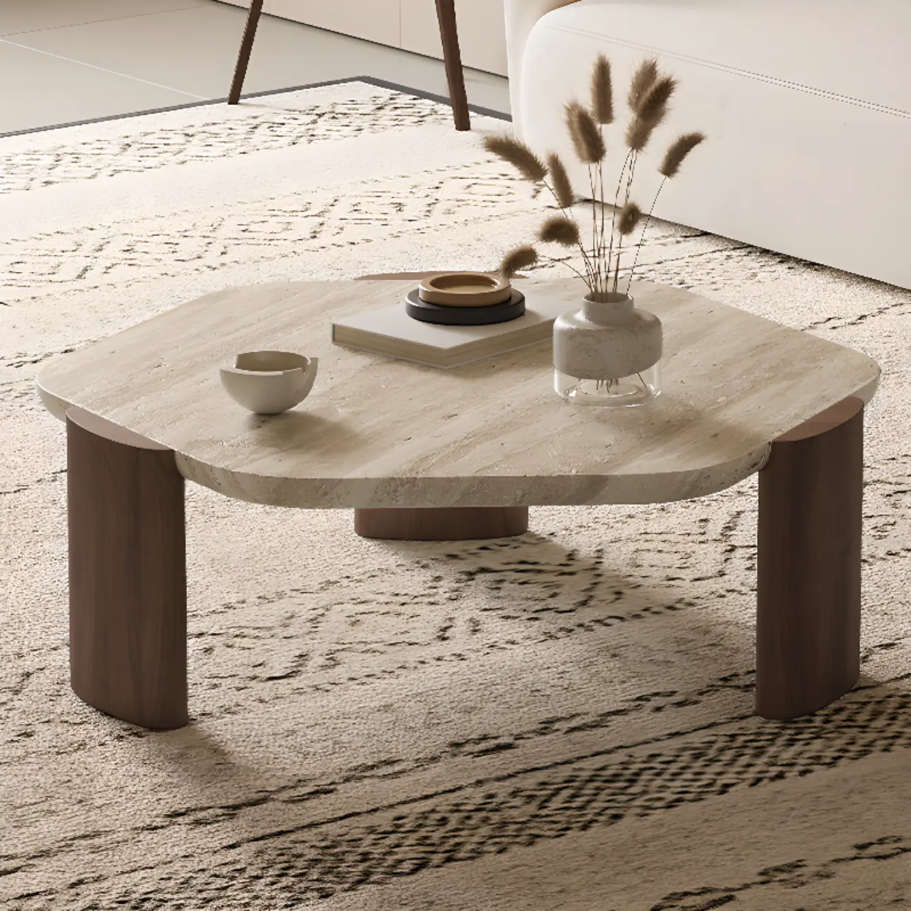 Modern Beige Travertine Top Coffee Table in Hexagon/Round