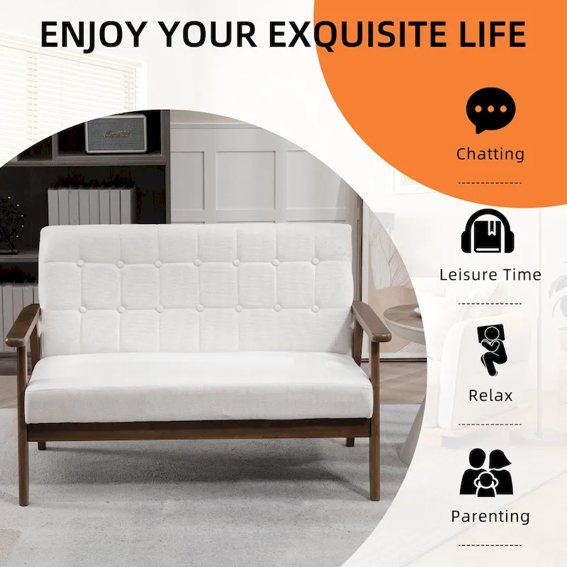 Mid-Century Linen/PU Upholstered Wood Frame Tufted Loveseat Sofa