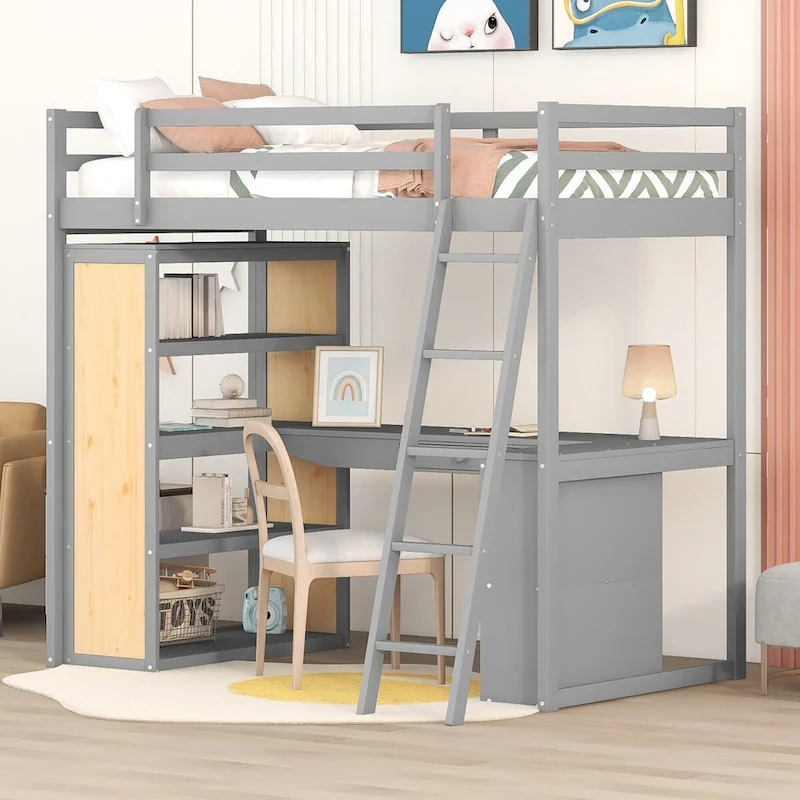 Loft Bed with Desk, Shelves, Drawer, and Ladder, Full-Length Guardrail