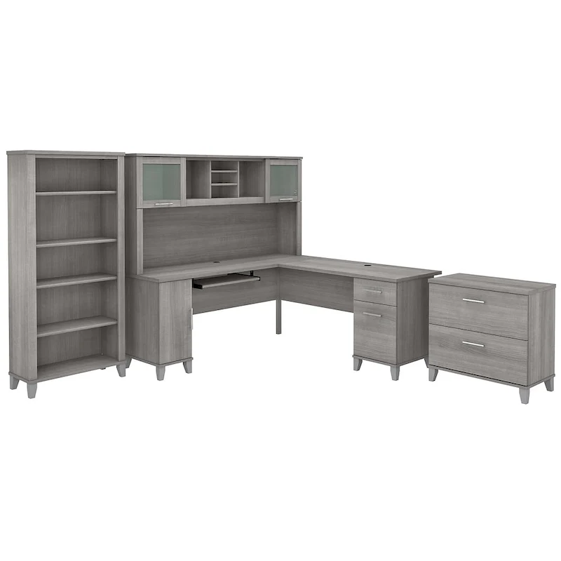 Somerset 72W L Shaped Desk with Hutch, Cabinet and Bookcase in Gray