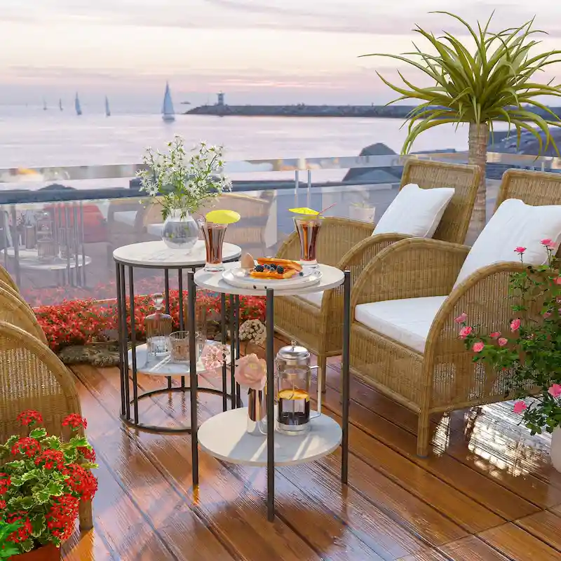 2-Tier Round Marble Sofa Side Table Coffee End Table Metal Black Frame