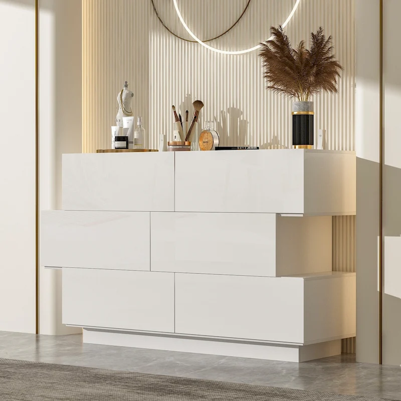 High Glossy Six-Drawer Dresser Chest with Off-Set Design (Black/White)