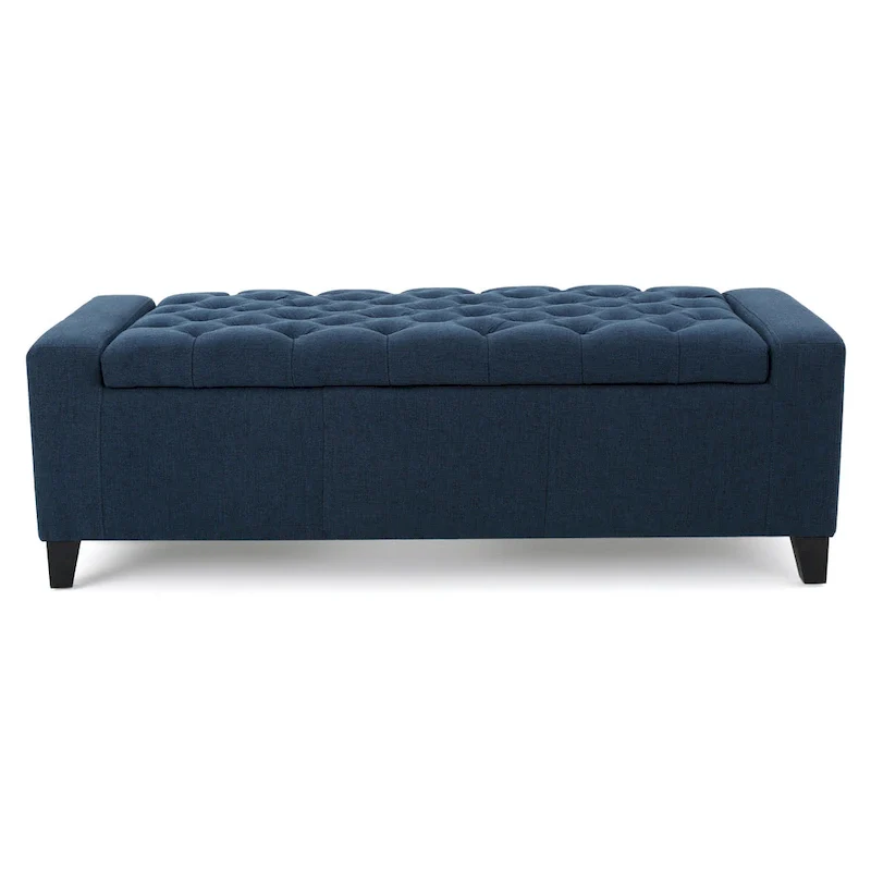 Storage Ottoman Bench, 51 Inch, Deep Button Tufted Dark Blue Fabric