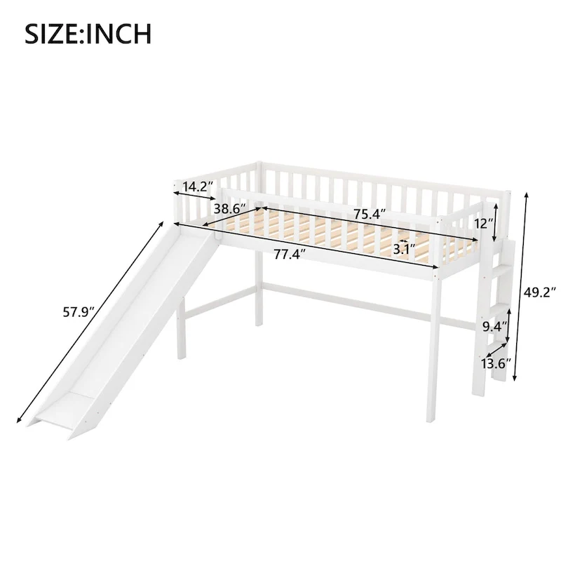 Pine Low Loft Bed with Slide