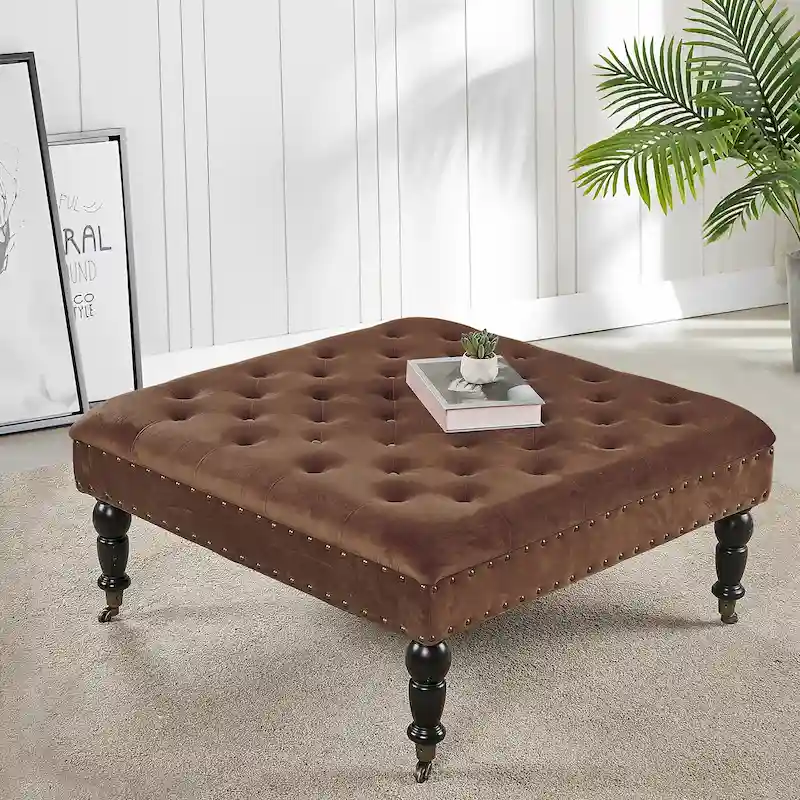 Button-Tufted Round Ottoman – 33 x 33 x 18 Inch