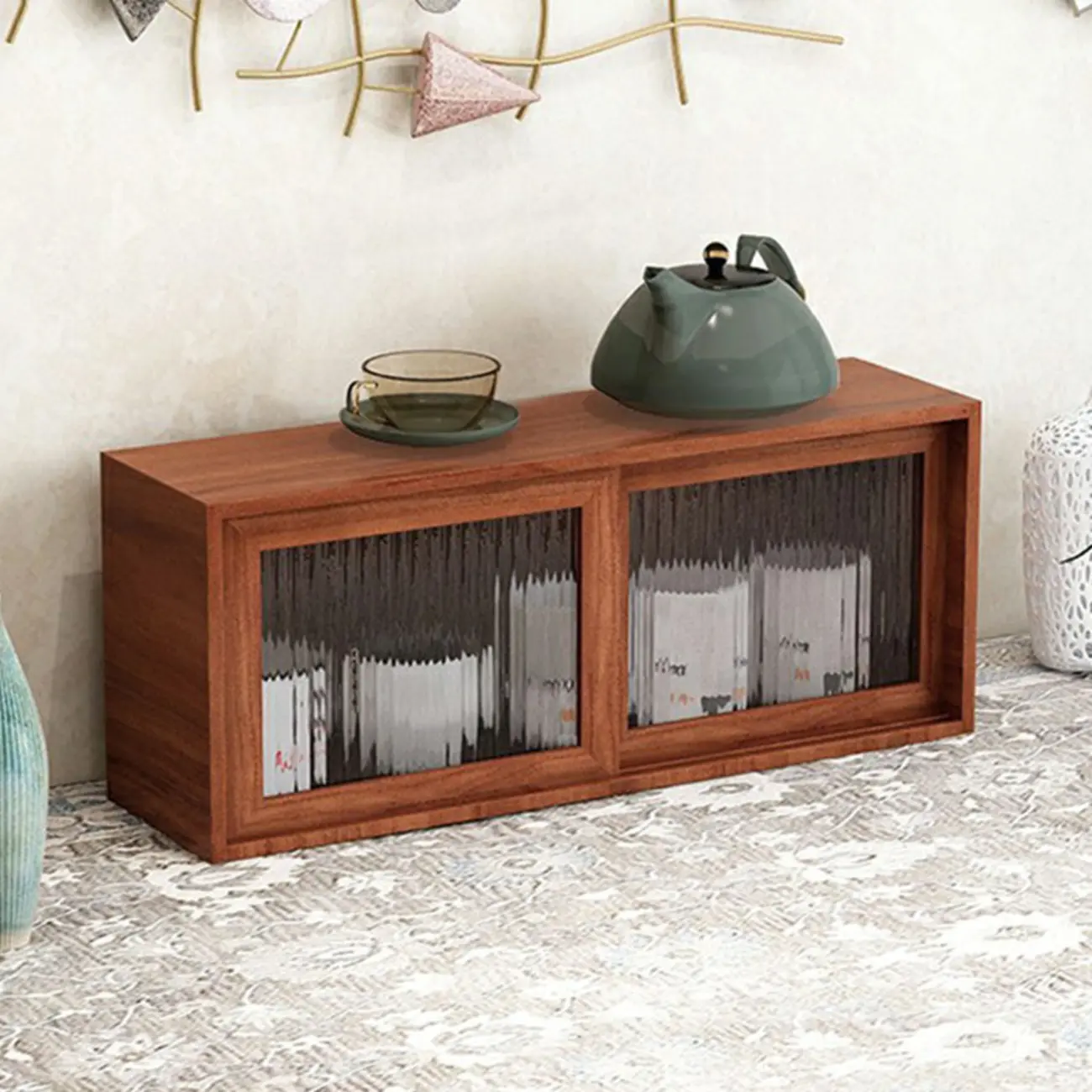 Wooden Small Display Cabinet with Glass Doors for Home Decor