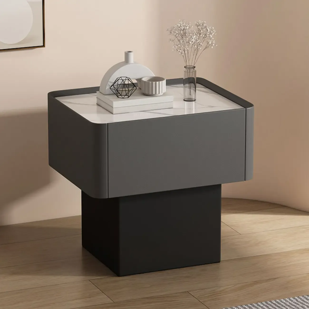 Modern Faux Leather Drawer Nightstand with Stone Top