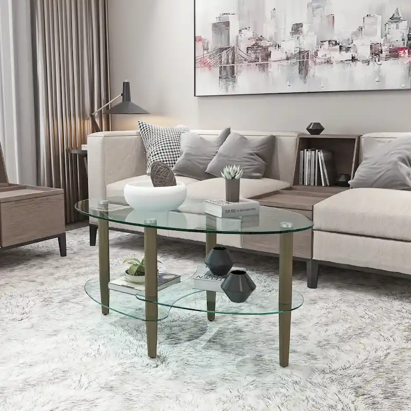 Oval glass coffee table, Transparent coffee table, modern table in living room with Oak wood legs, tea table