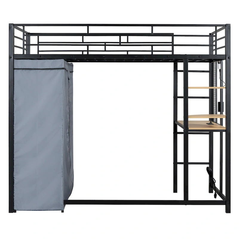 Twin Metal Loft Bed with Built-in Desk, Wardrobe & Power Outlet - 350LB Capacity