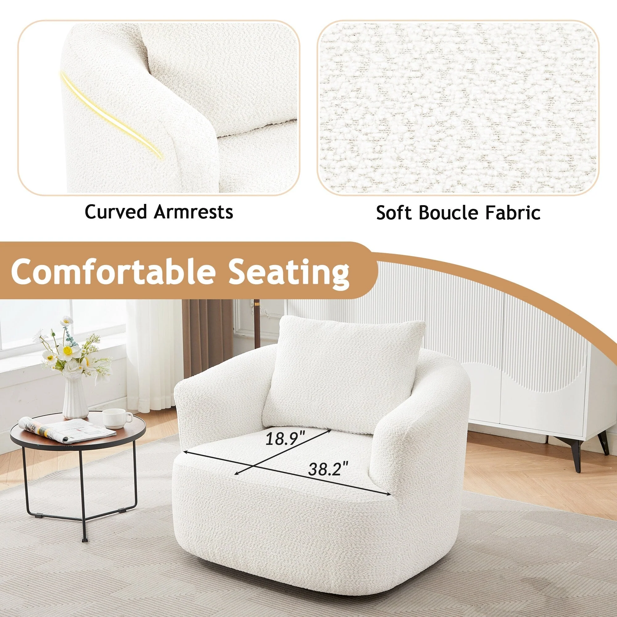 360° Swivel Chair, 38.2 Boucle Accent Chair with Throw Pillow, Upholstered Barrel Sofa Chair with Curved Armrests