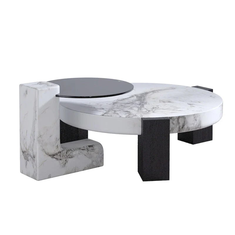 White & Black Round Nesting Coffee Table with Glass Top, Set of 2
