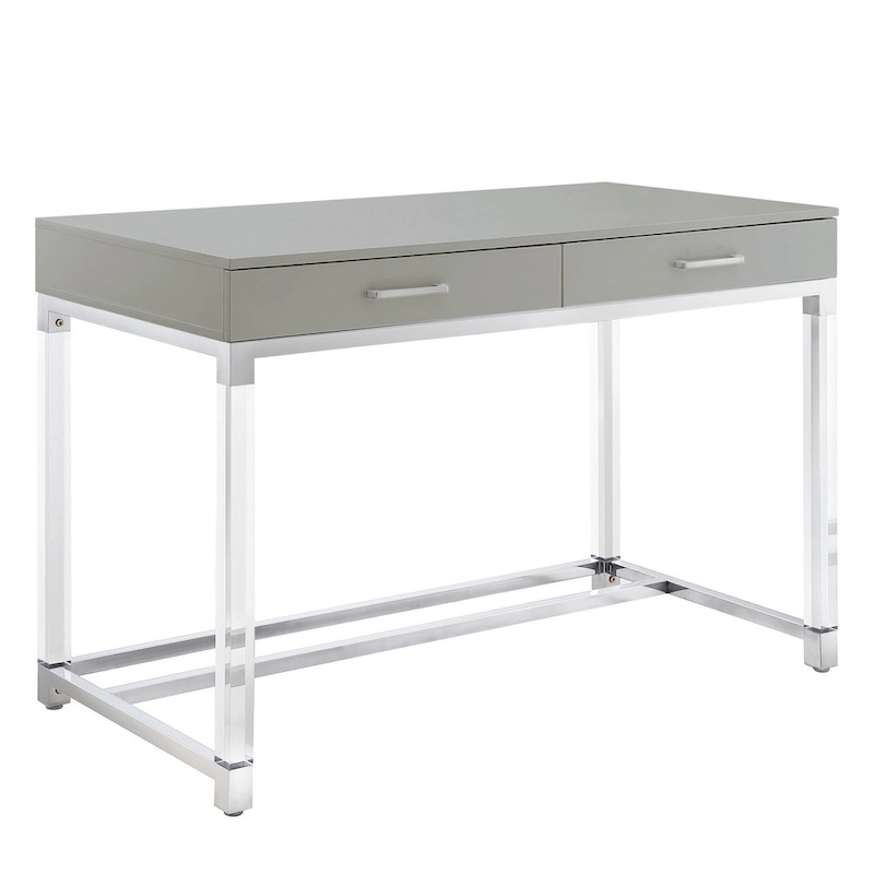 HomeRoots 48 White Clear and Gold Wood Acrylic and Stainless Steel Writing Desk With Two Drawers