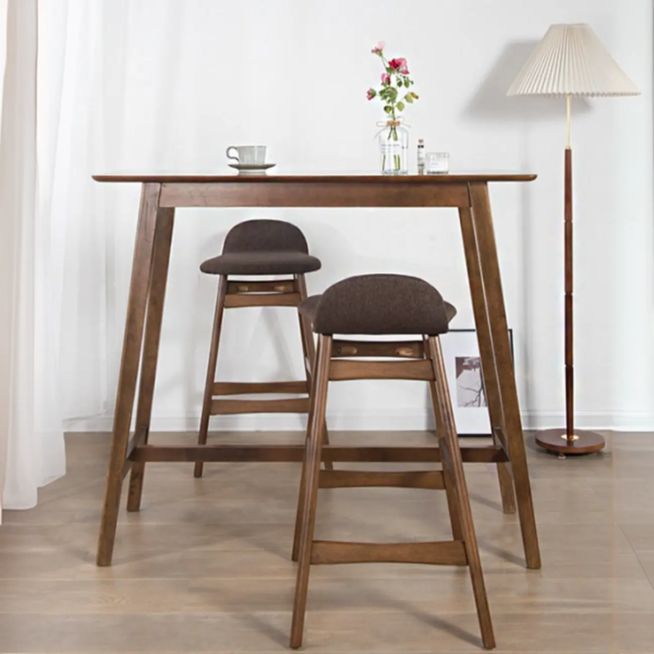 Scandinavian Brown Wooden Rubberwood Footrest Bar Tables