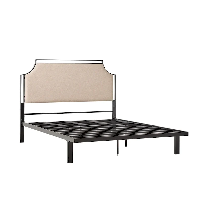 Queen Upholstered Curved Metal Bed Frame with Removable Headboard Insert – Grey / Tan, for 1–2 People