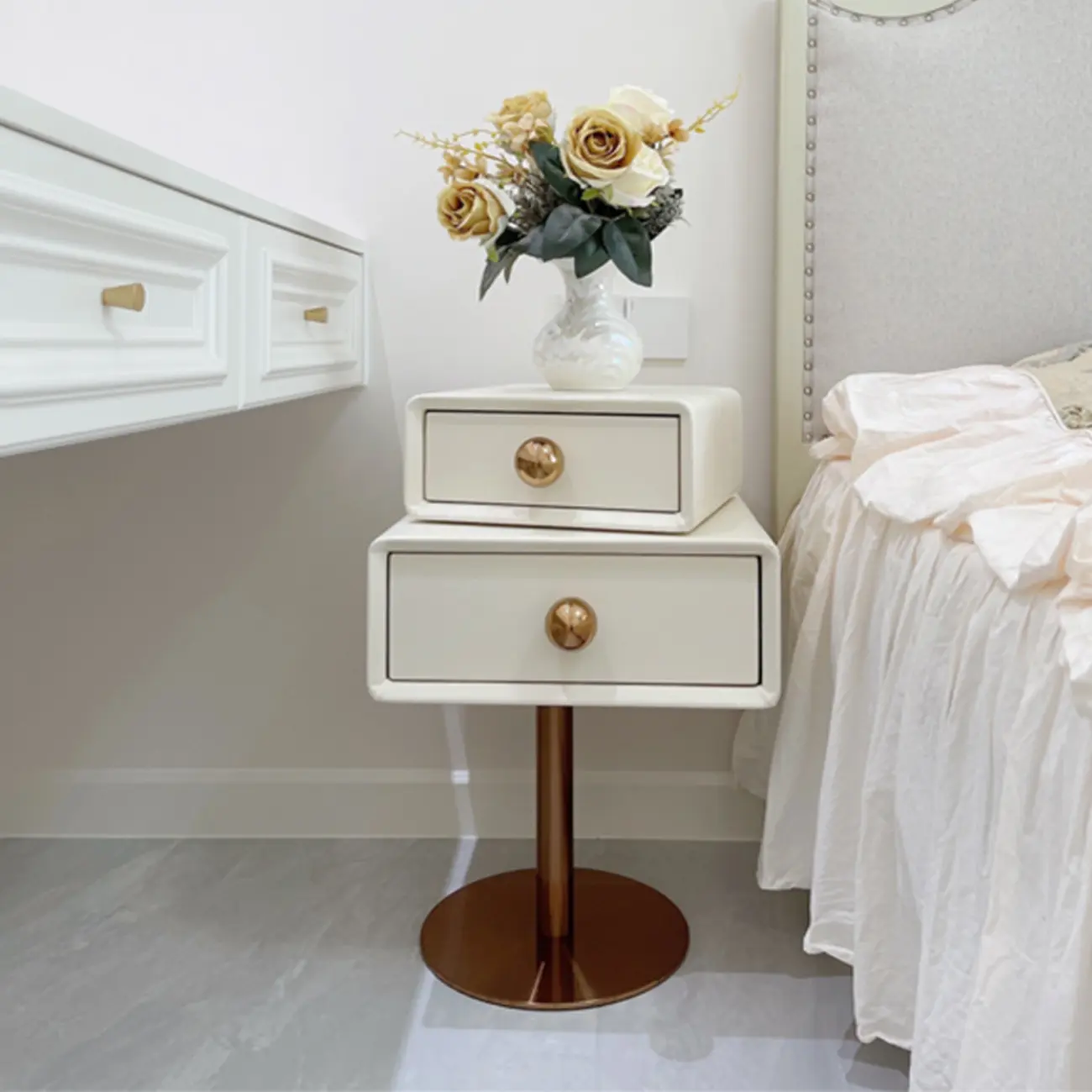 Modern Metal Faux Leather Swivel 2-Drawer Nightstand