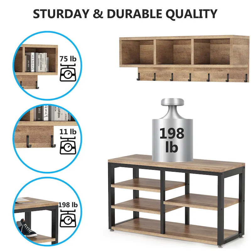 Hall Tree with 7 Hooks, Entryway bench with coat rack