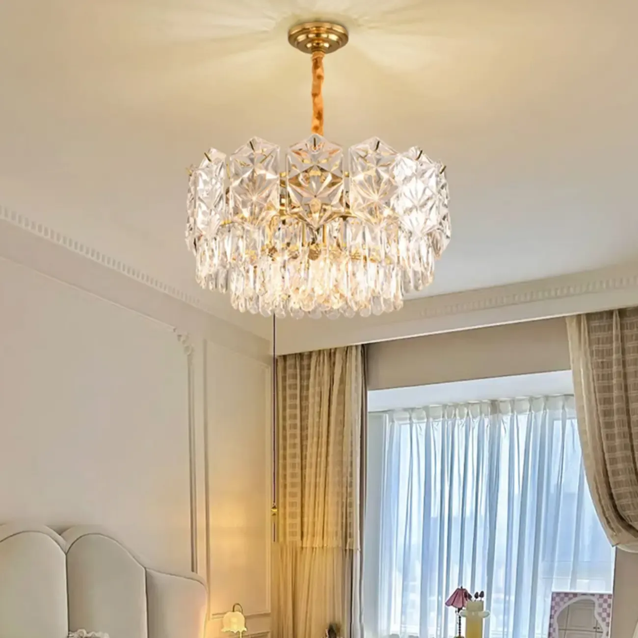 Modern Tier Gold Crystal Drum Chandelier Height Adjustable