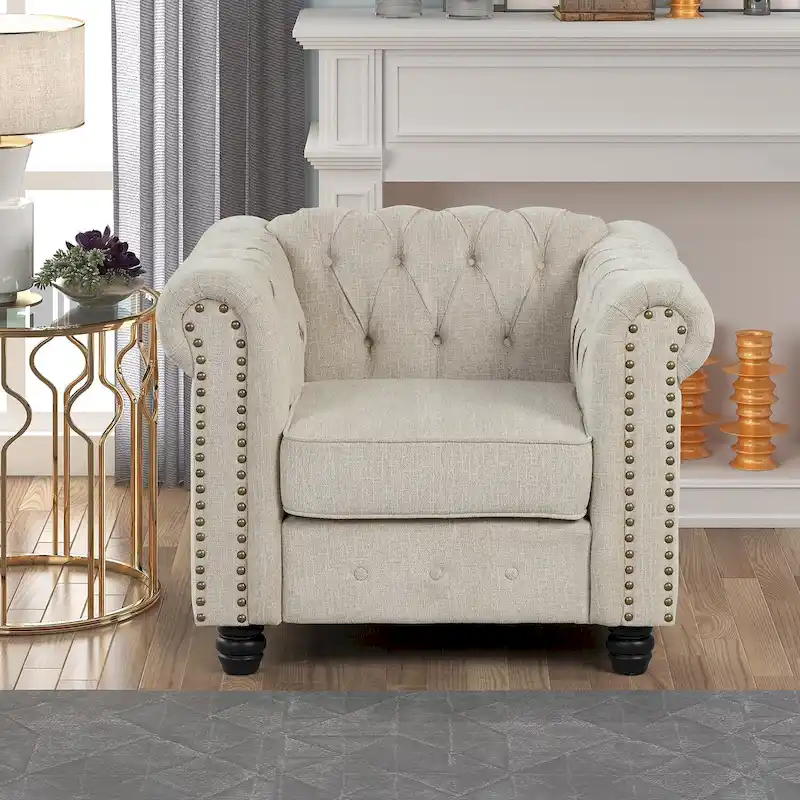 Morden Fort Linen Chesterfield Club Accent Chair,Button Tufted Upholstered Armchair with Nailhead and Solid Wood Legs