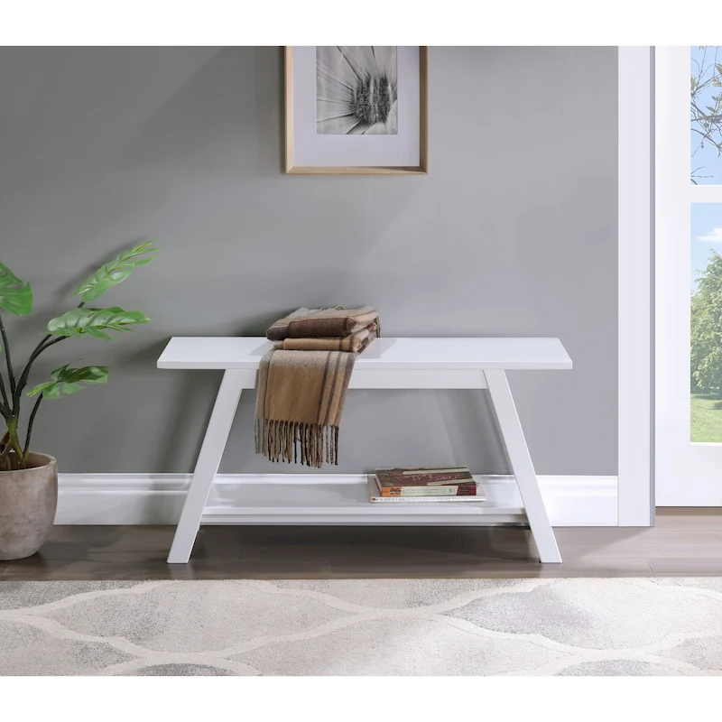 Roundhill Furniture Elyz Solid Wood Bench with Shelf, White