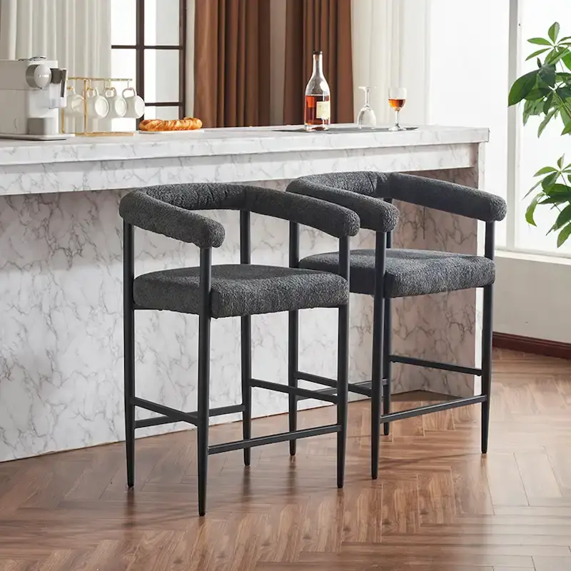 Modern Boucle Bar Stools Set of 2,Counter Height with Metal Frame & Armrests for Kitchen Island, Dining Room