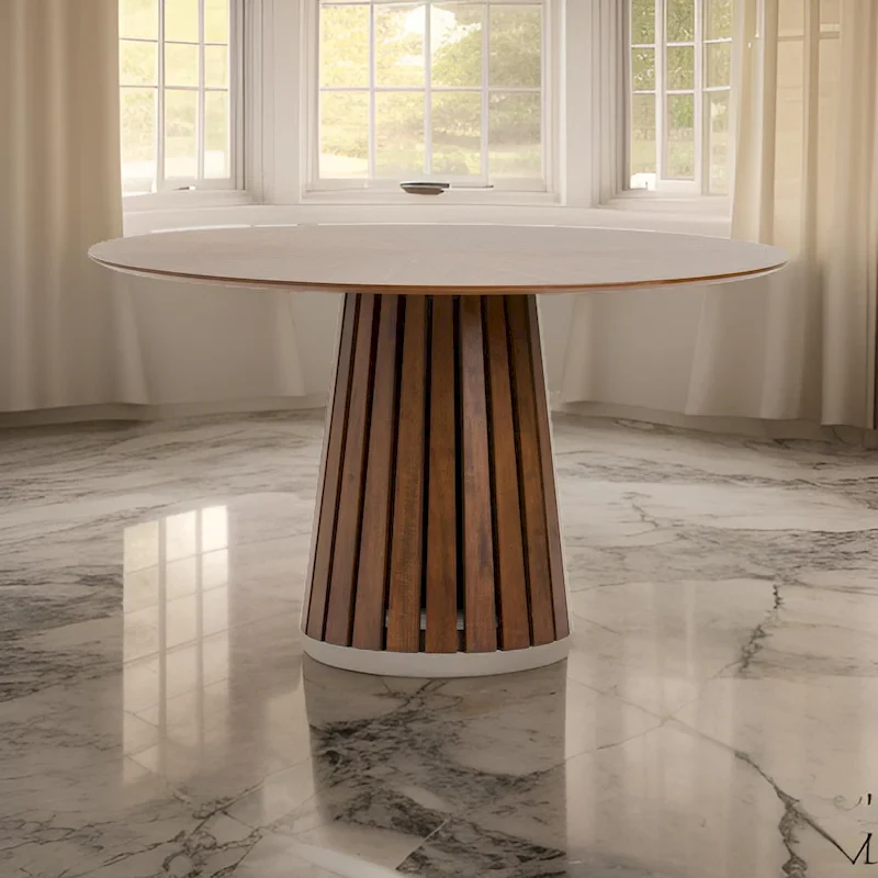 Cid Xeu 54 Inch Dining Table, Round Walnut Veneer, Slatted Pedestal Base